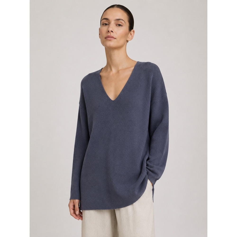 NWOT Eileen Fisher M 100% Wool V-Neck Tunic Sweater Eclipse Blue Quiet Luxury